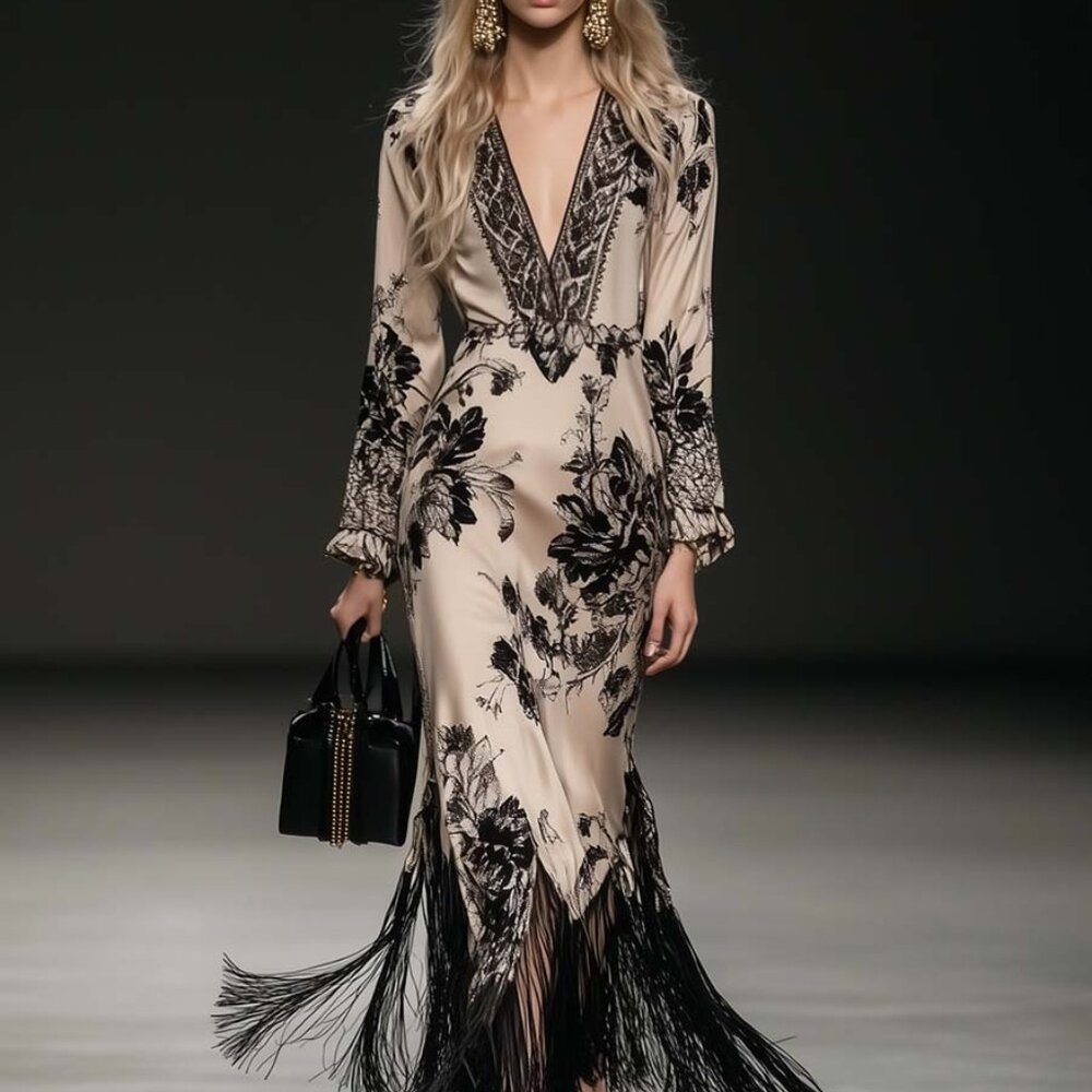 Elegant Black and Cream Floral Dress